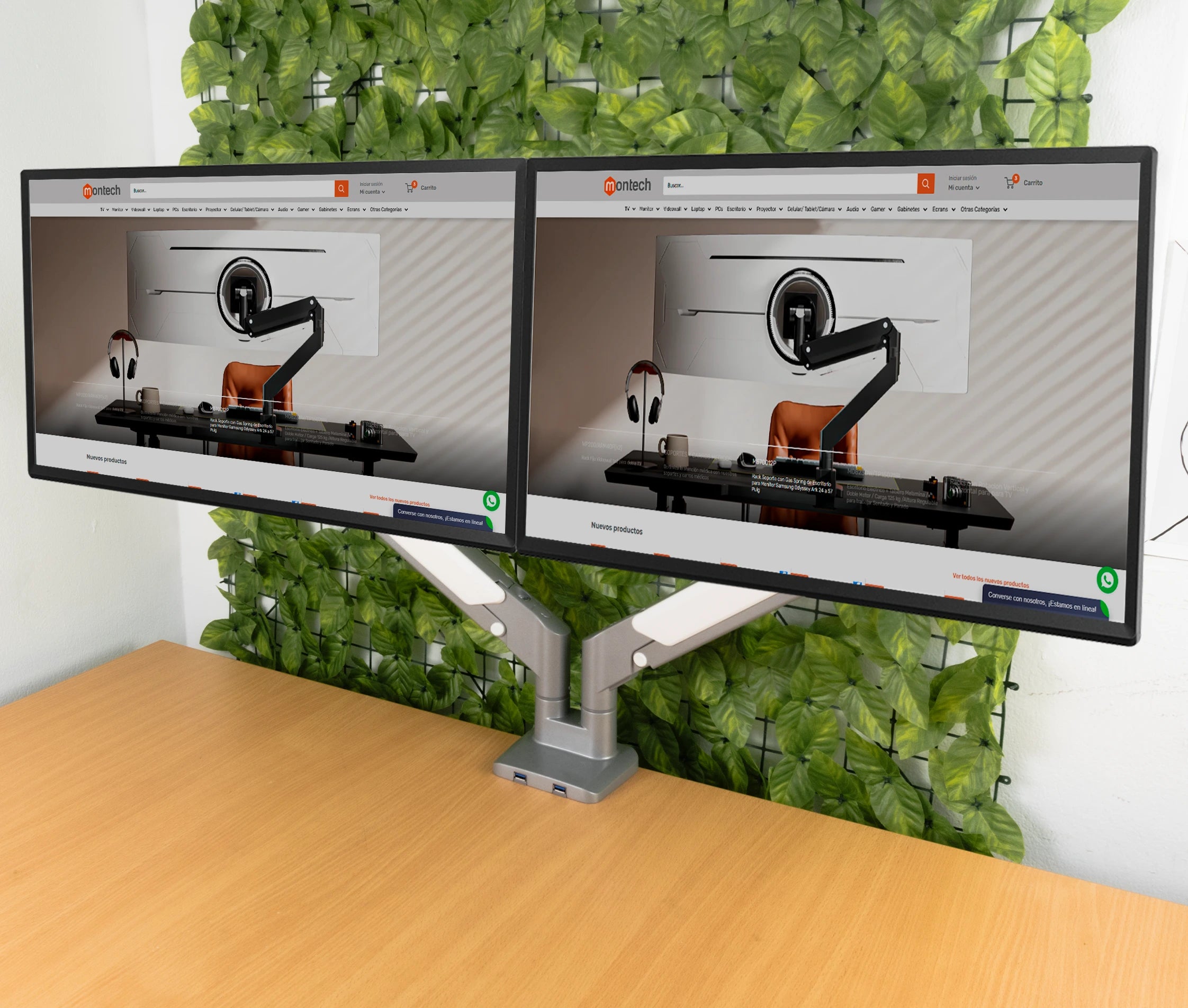 Rack Soporte Doble Brazo Corto para 2 Monitores 17 a 32 Pulg /  Puertos USB 3.0 / Diseño Premium