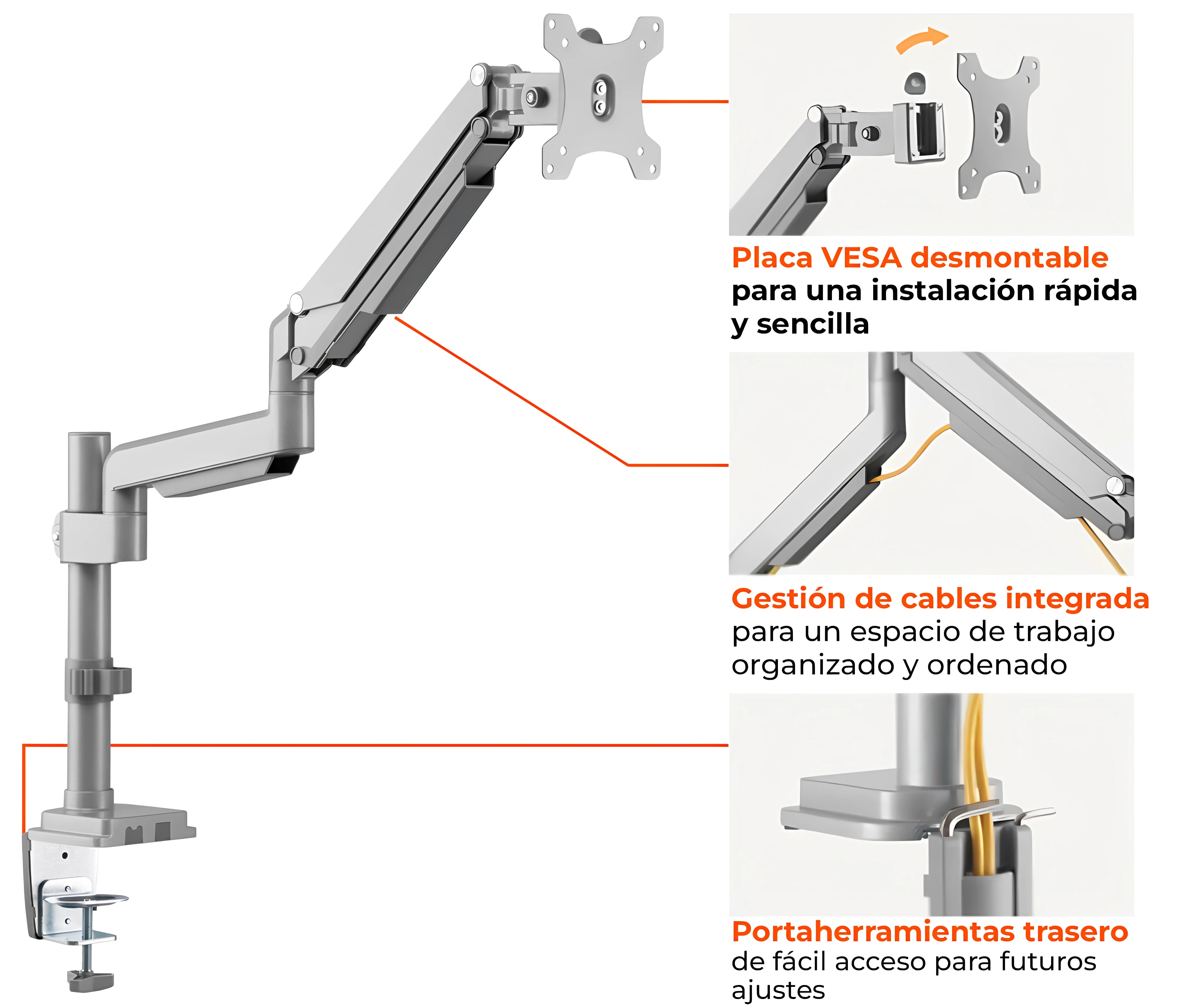 Rack Soporte con Gas Spring de Escritorio para Monitor 17 a 32 Pulg