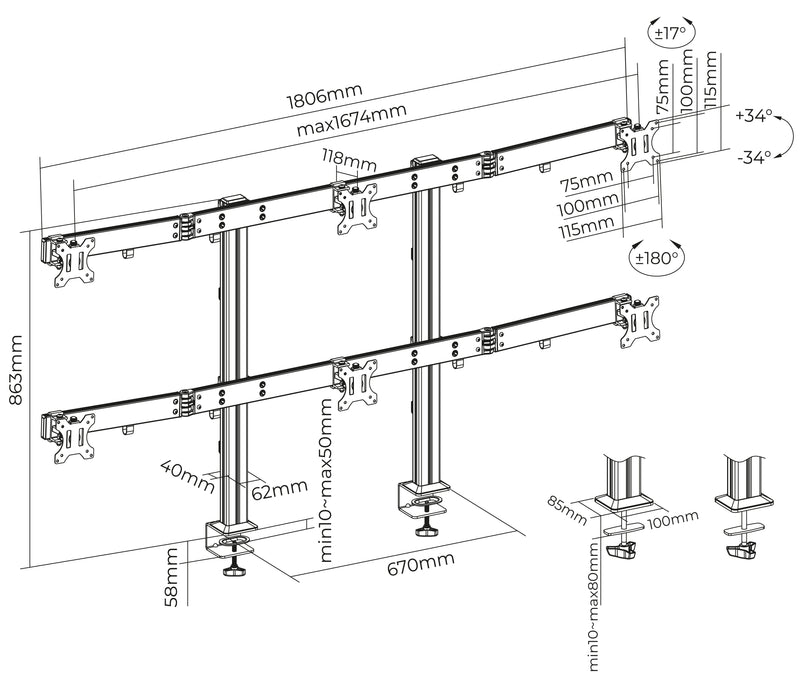 Rack Soporte de Escritorio para 6 monitores 17 a 32 Pulg