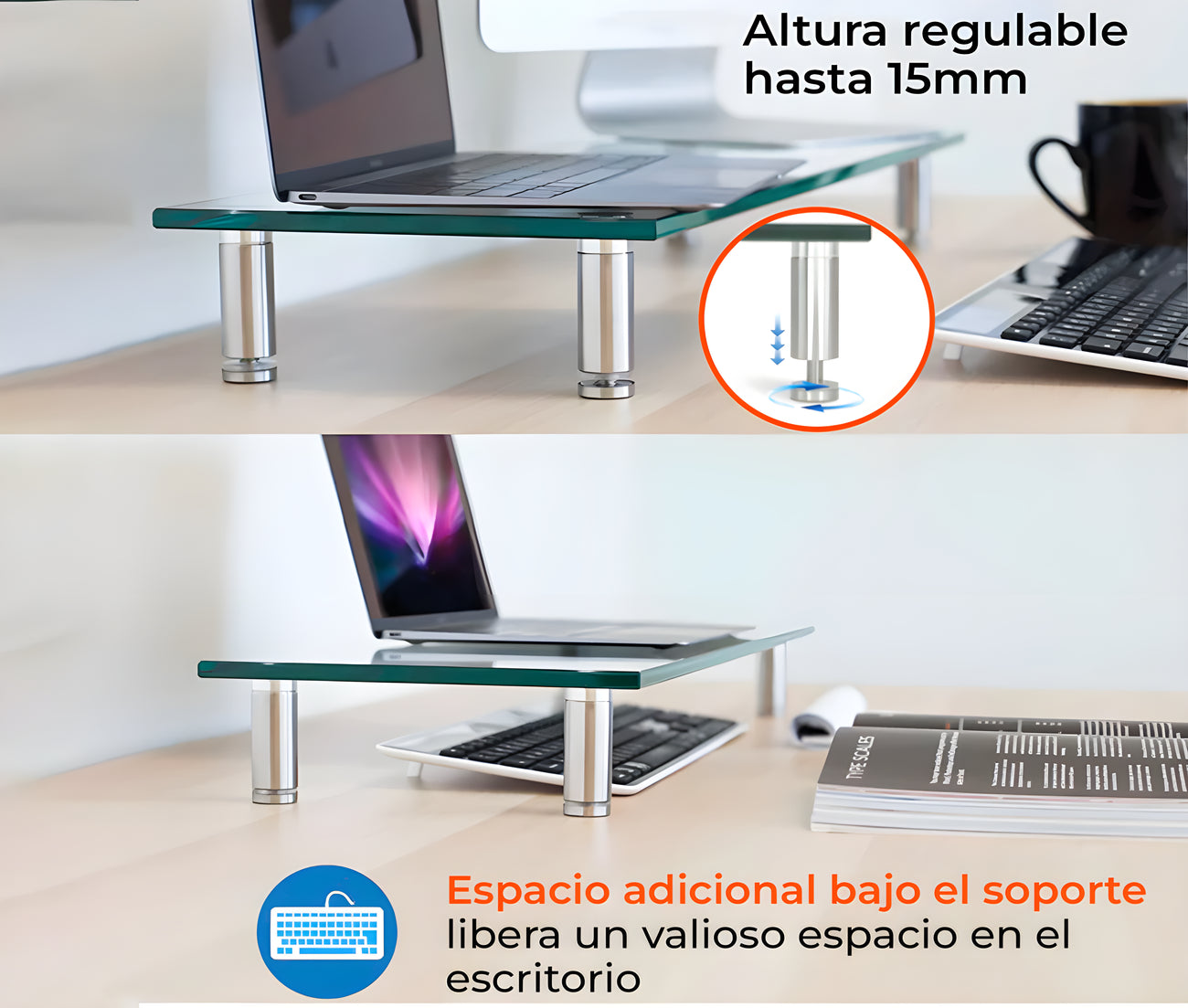 Mesa de Vidrio Templado para Monitor 13 a 32 Pulg / Altura Regulable / Medida 56x24 cm / Espesor 10mm / Carga 30 kg