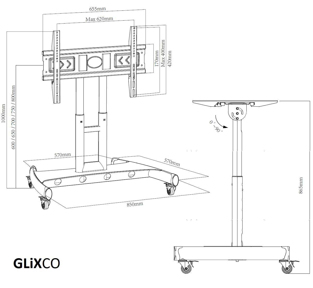 Pedestal con Inclinación 90° TV 32 a 75 Pulg / VESA  Max 600x400mm / Carga 75Kg