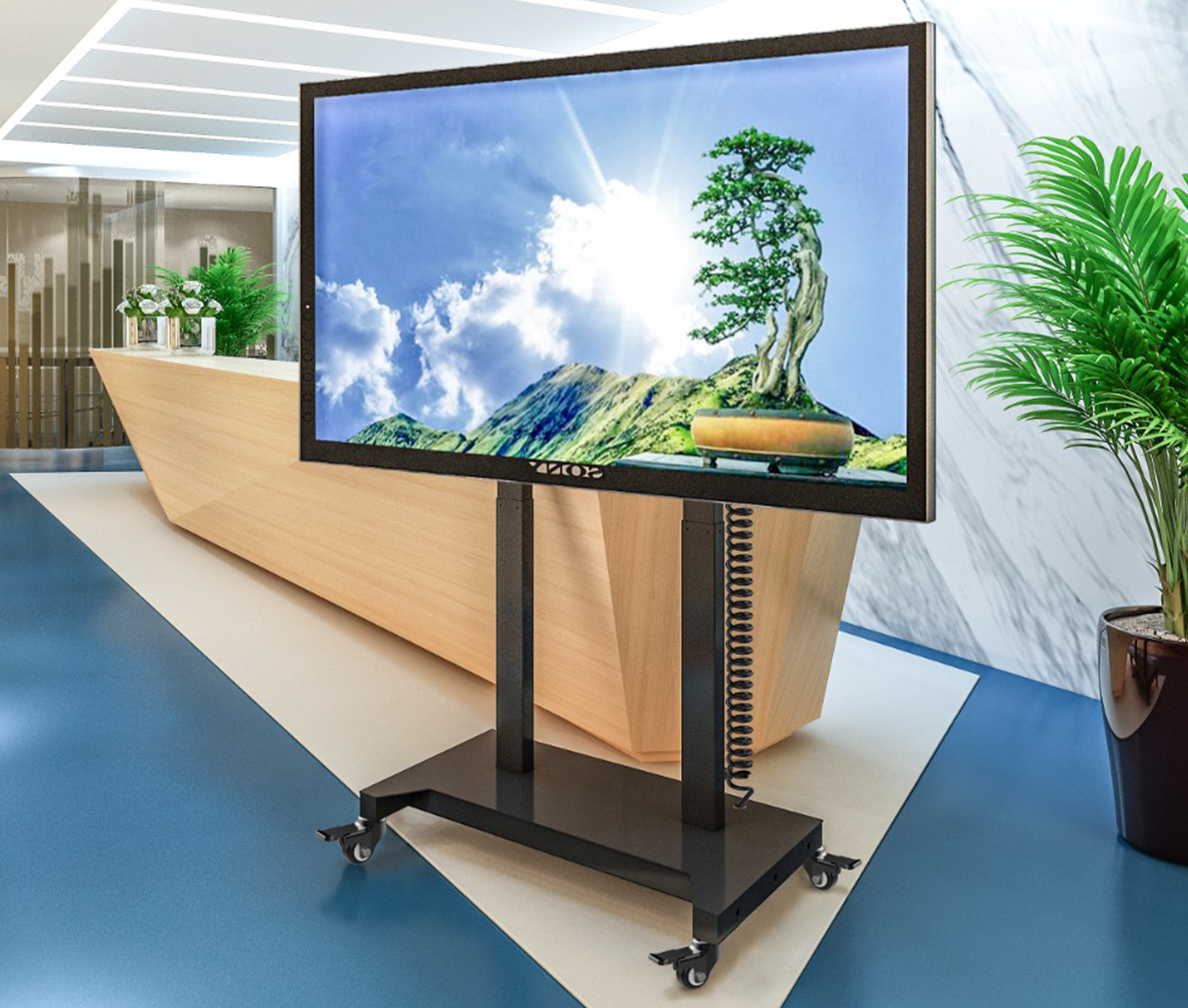 Pedestal Eléctrico Motorizado con Ruedas para TV Pantalla Interactiva 52 a 84 Pulg / VESA Max 900x600mm / Carga 100 kg