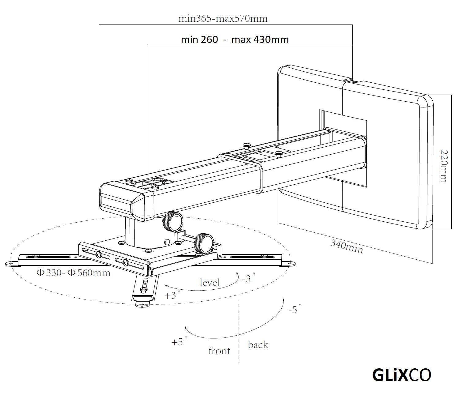 Rack Soporte para Proyector Tiro Corto para Pared / Brazos telescópicos ajustables 26 a 43cm