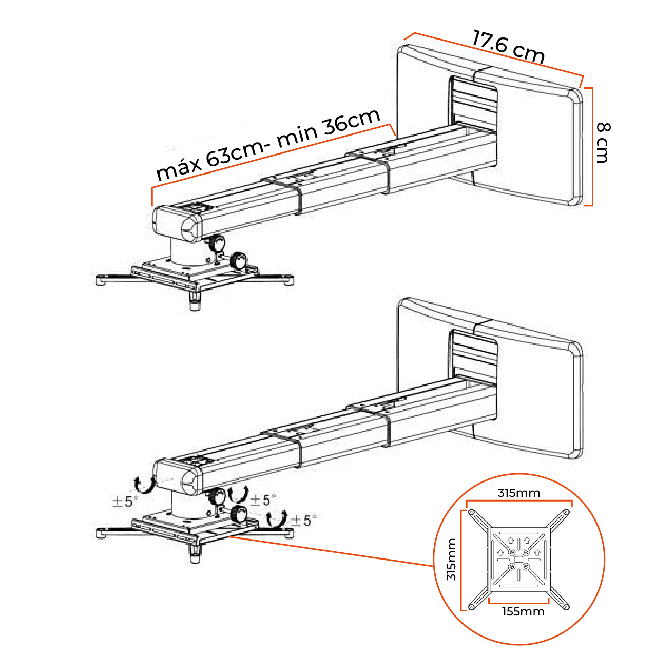 Rack Soporte para Proyector Tiro Corto para Pared / Brazos telescópicos ajustables 36 a 63cm