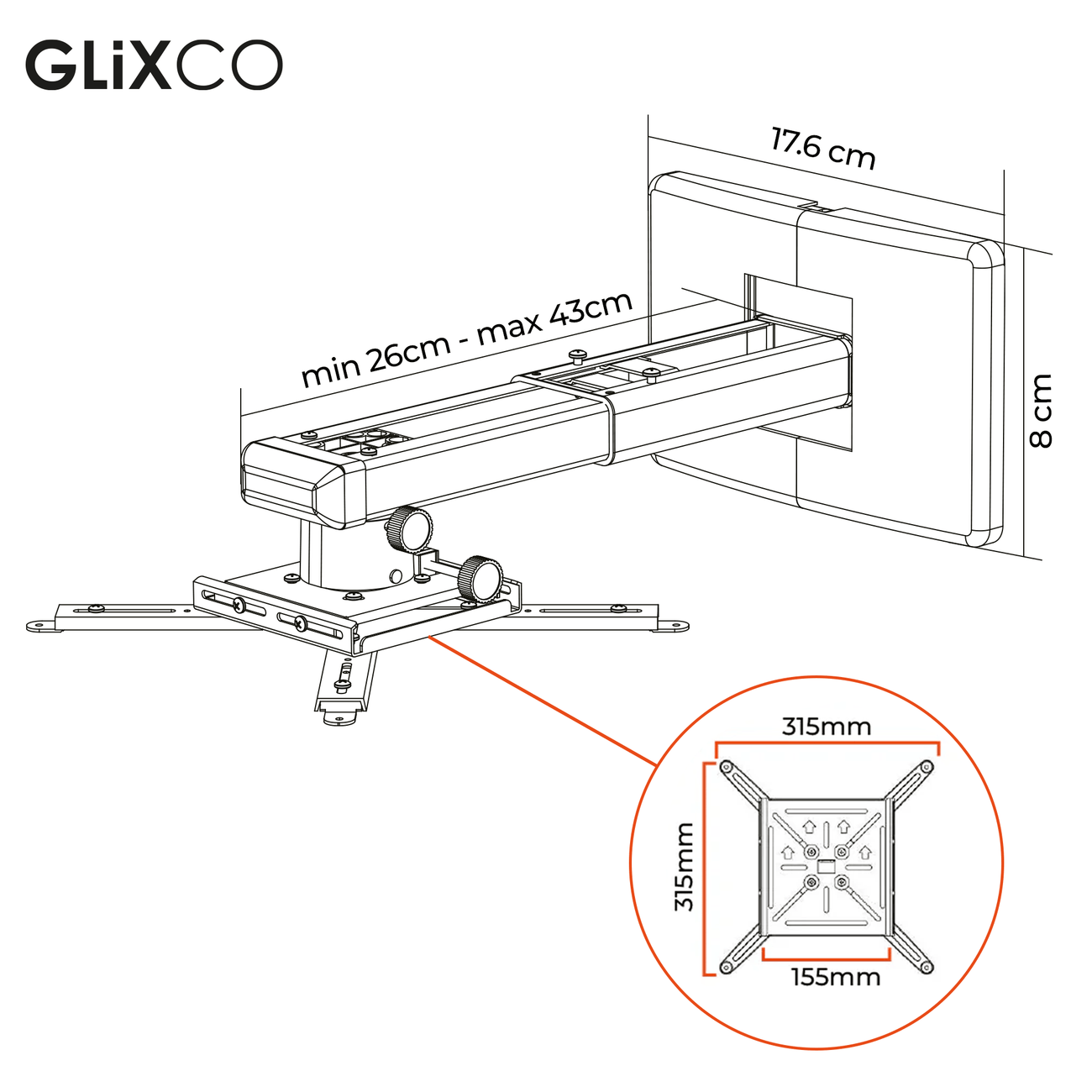 Rack Soporte para Proyector Tiro Corto para Pared / Brazos telescópicos ajustables 26 a 43cm
