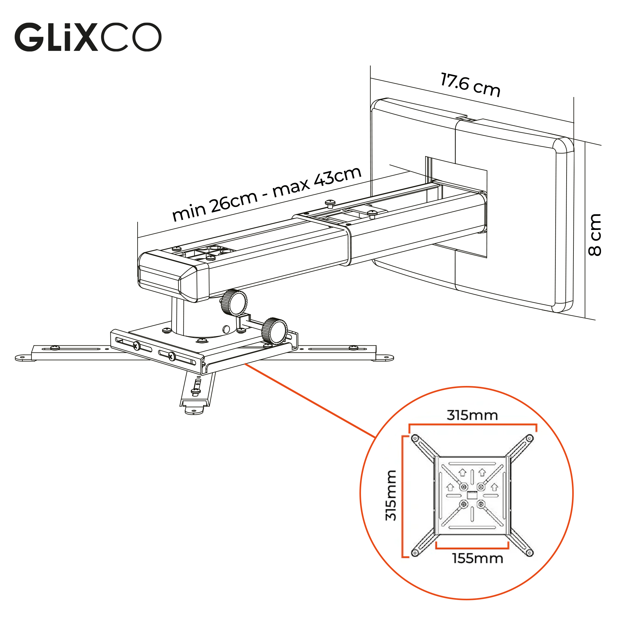Rack Soporte para Proyector Tiro Corto para Pared / Brazos telescópicos ajustables 26 a 43cm