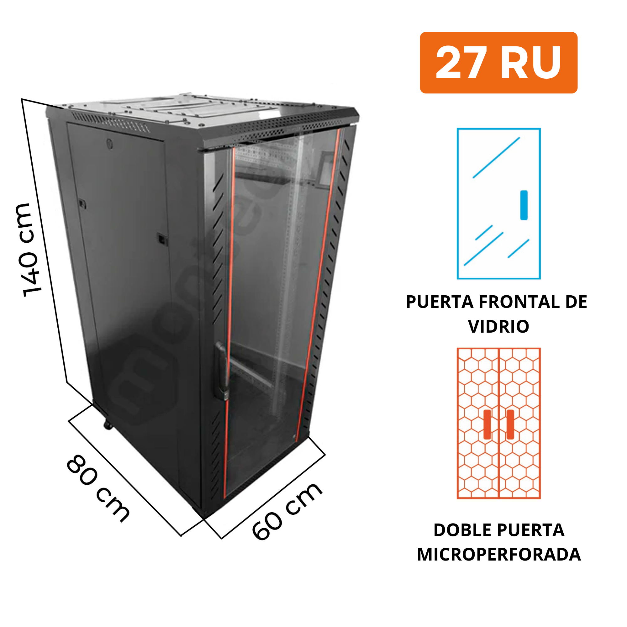 Gabinete de Piso Servidores / 27 RU / 60x80x140 cm (AnchoxProf.xAlt.) / Puerta Frontal Vidrio Posterior doble Microperforada