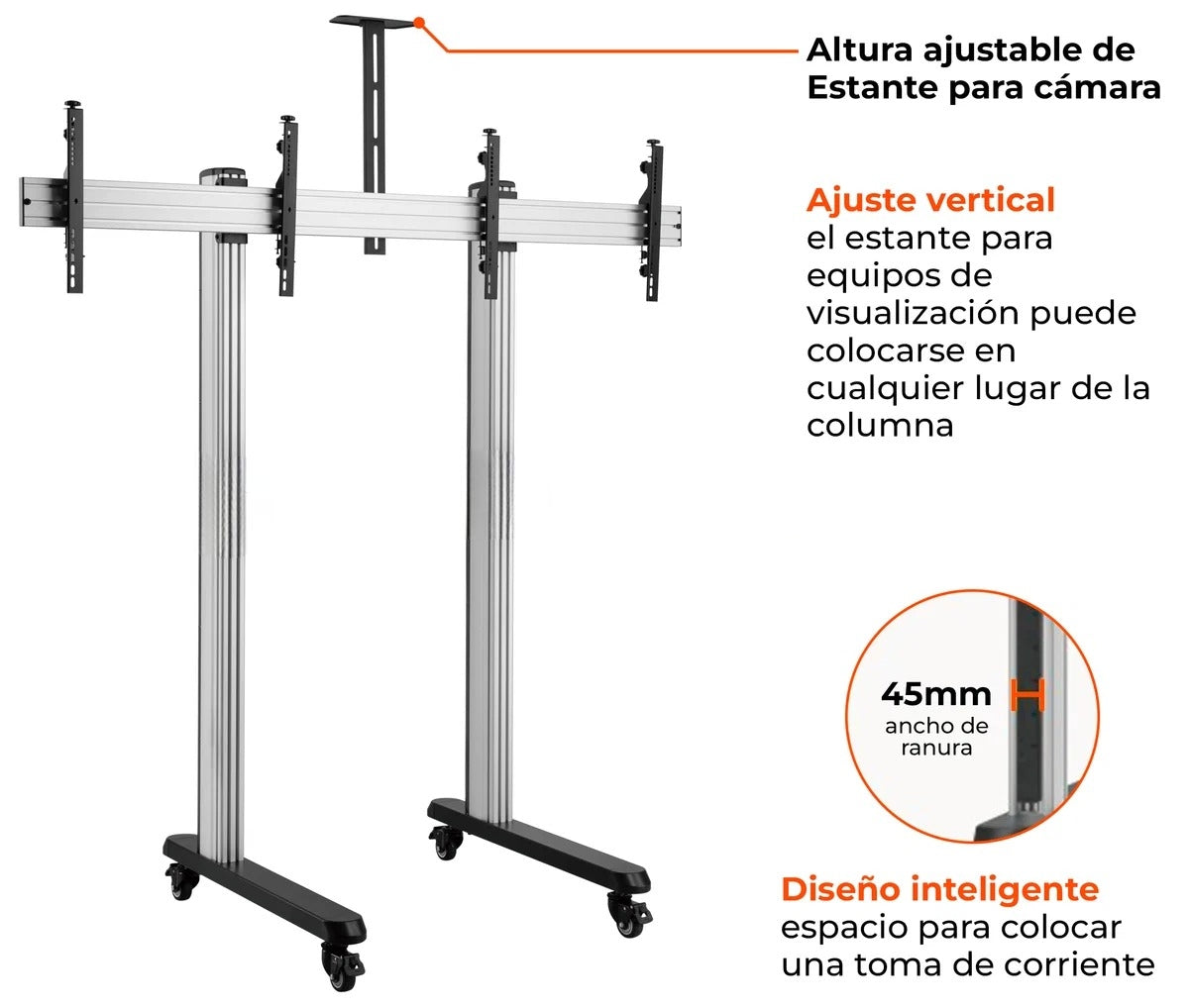 Pedestal con Ruedas Doble Pantalla 45 a 55 Pulg / Carga 50 kg / VESA Max 600x400mm
