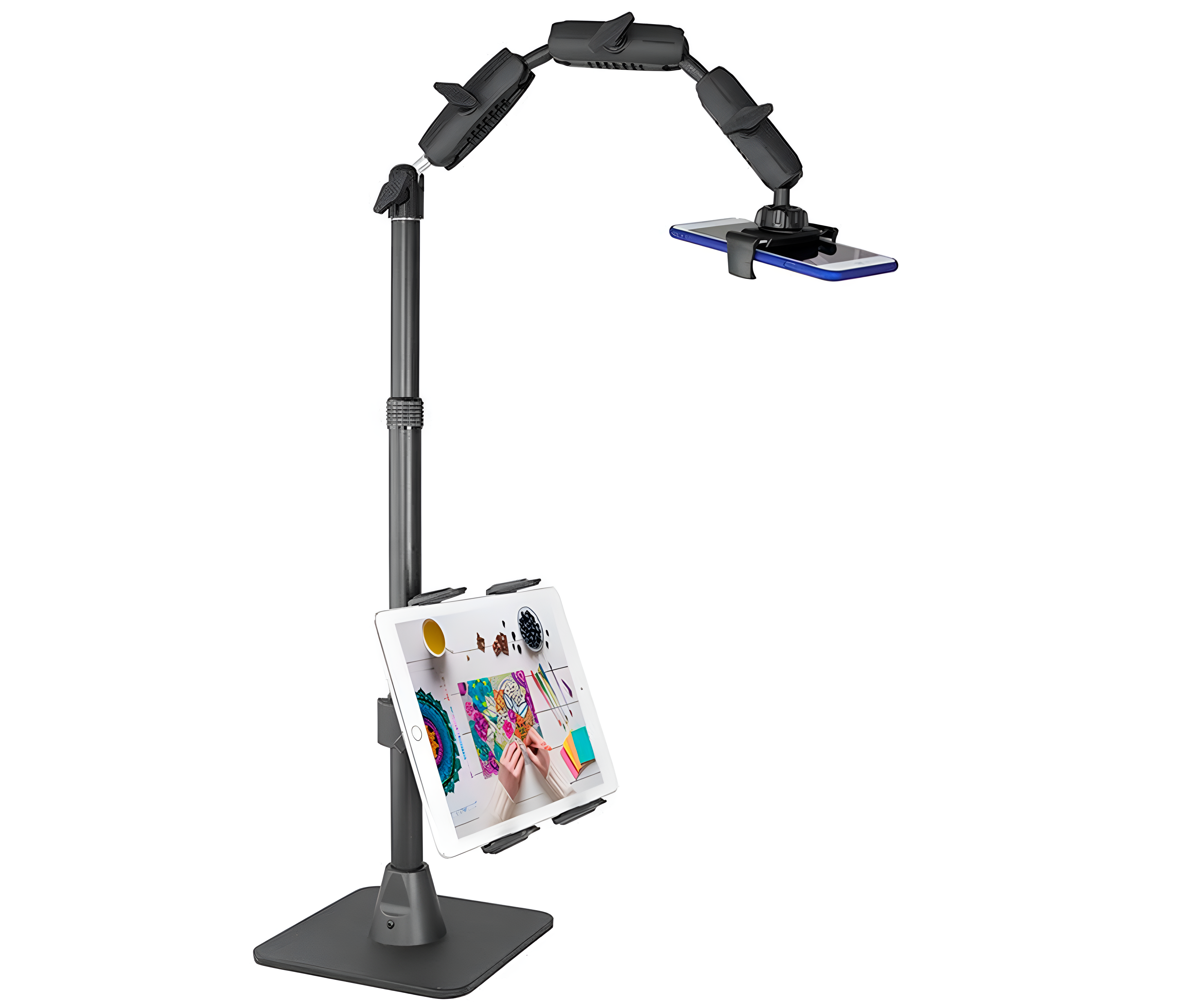 Soporte de escritorio con Base para Tablet 7 a 18 pulg y Celulares o Pico Mini Proyector / incluye Aro de luz Led/ Ideal para transmisión en vivo