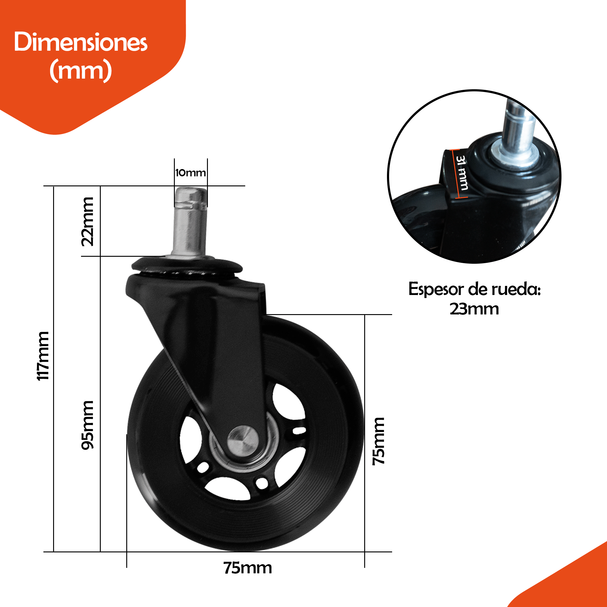 Ruedas Garrucha 3" Pulg (75mm) para silla oficina / Juego x 5und -  Lisas y silenciosas