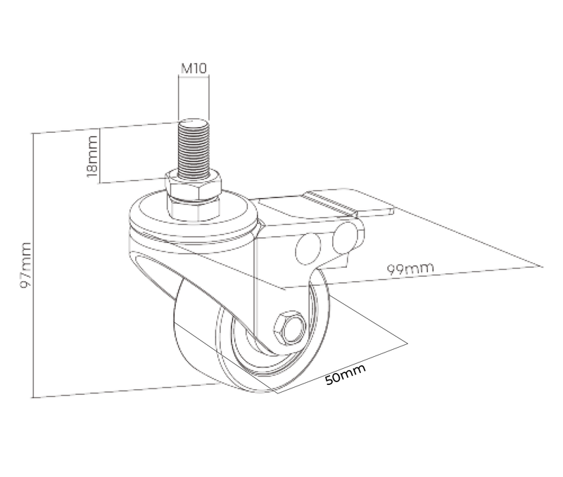 Rueda Garrucha para Escritorio con perno M10 y freno  / Diametro 50mm / (x4)