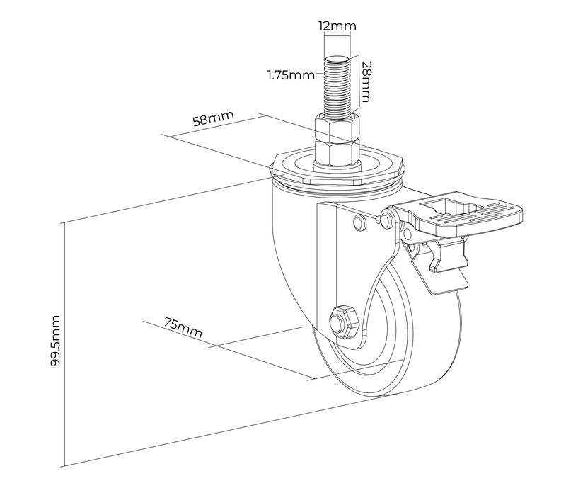 Rueda Garrucha  con perno M12 y freno / Diametro Rueda 3" Pulg (75mm) (PAR)