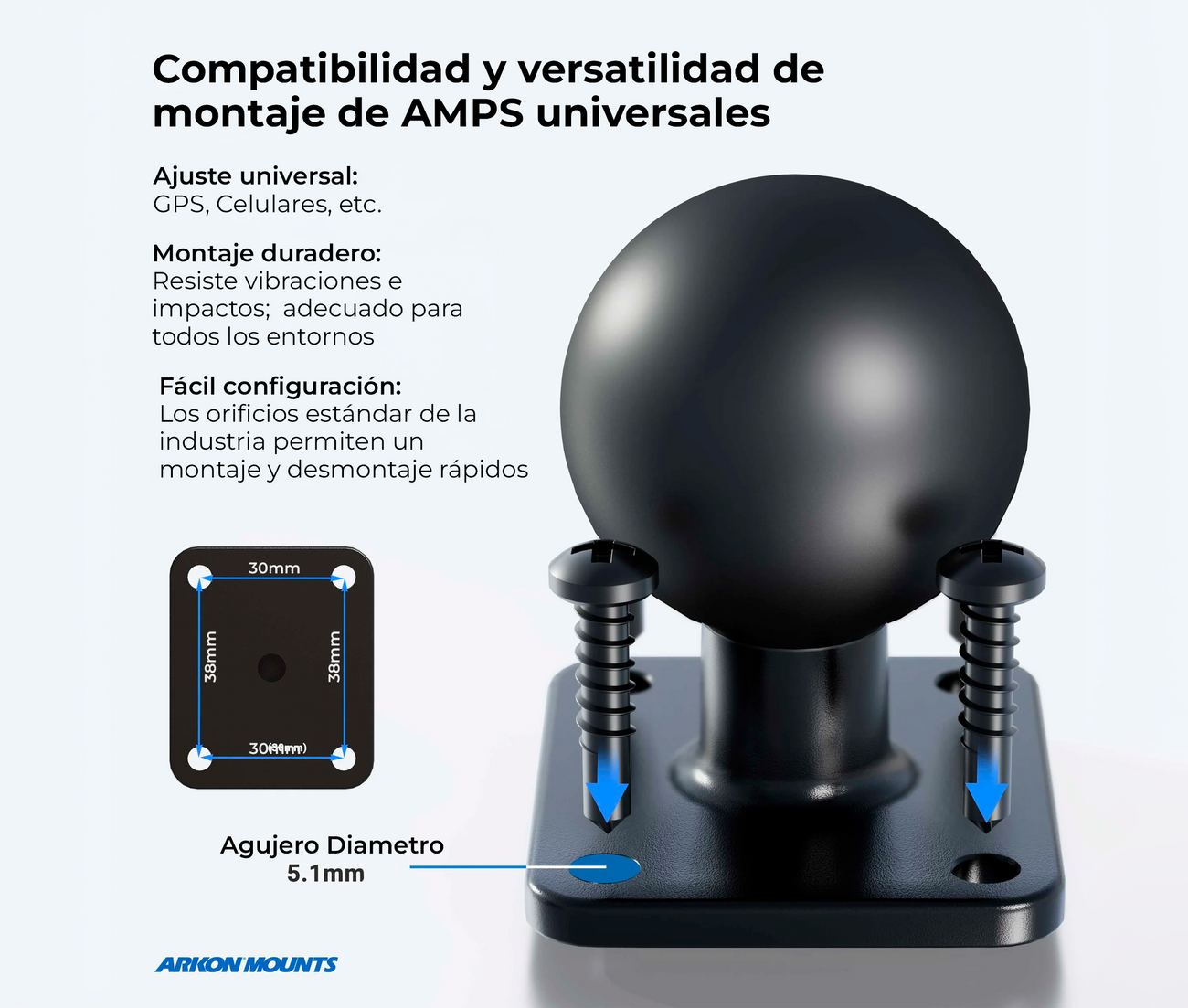 Soporte AMPS de metal  robusto con herrajes de seguridad / compatible con bolas de 38 mm