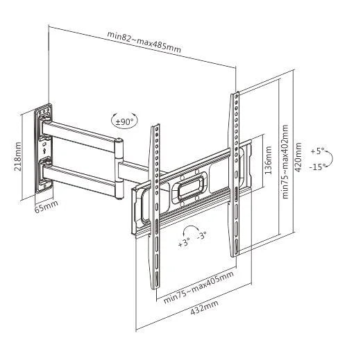 Rack Giratorio TV 32 a 55 Pulg / VESA Max 400x400mm / Carga 35 kg / Brazo extendido 8.2 a 48.5 cm