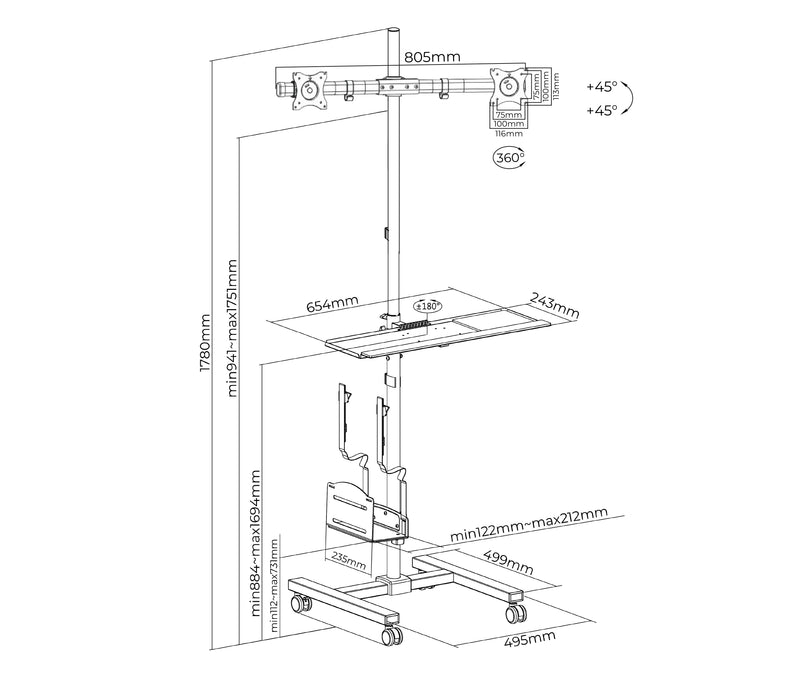 Pedestal con Ruedas para 2 Monitores 13 a 27 pulg con Soporte para CPU y Teclado