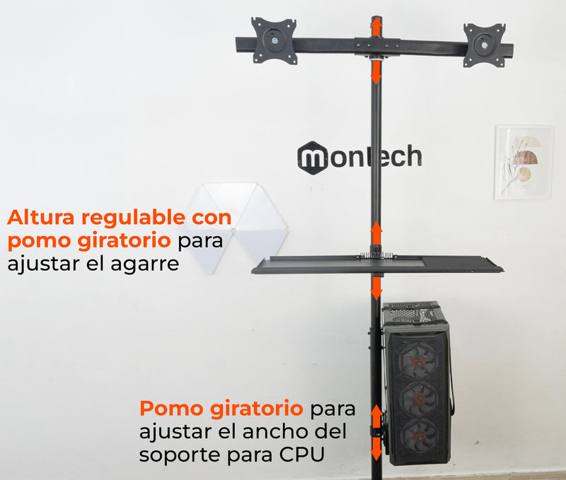 Pedestal con Ruedas para 2 Monitores 13 a 27 pulg con Soporte para CPU y Teclado