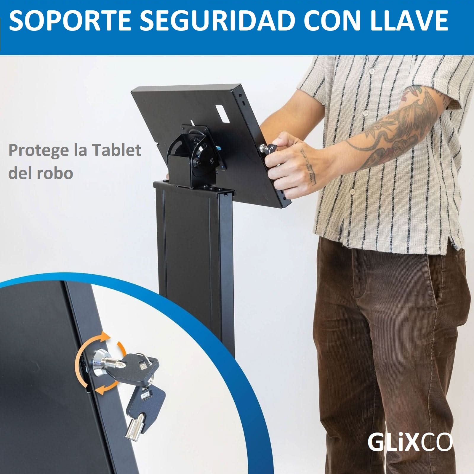KIOSCO PEDESTAL ANTIRROBO PARA TABLET iPAD 10.2 a 11 PULG / PANEL FRONTAL BRANDEABLE