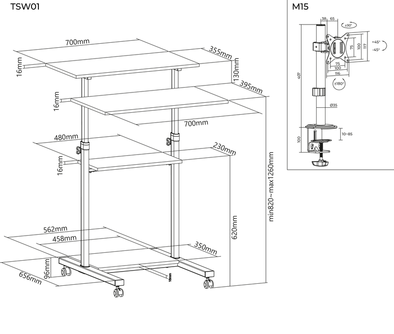 Estación Mesa De Trabajo Móvil para Teclado, Impresora, CPU con Rack para Monitor 13 a 32 Pulg