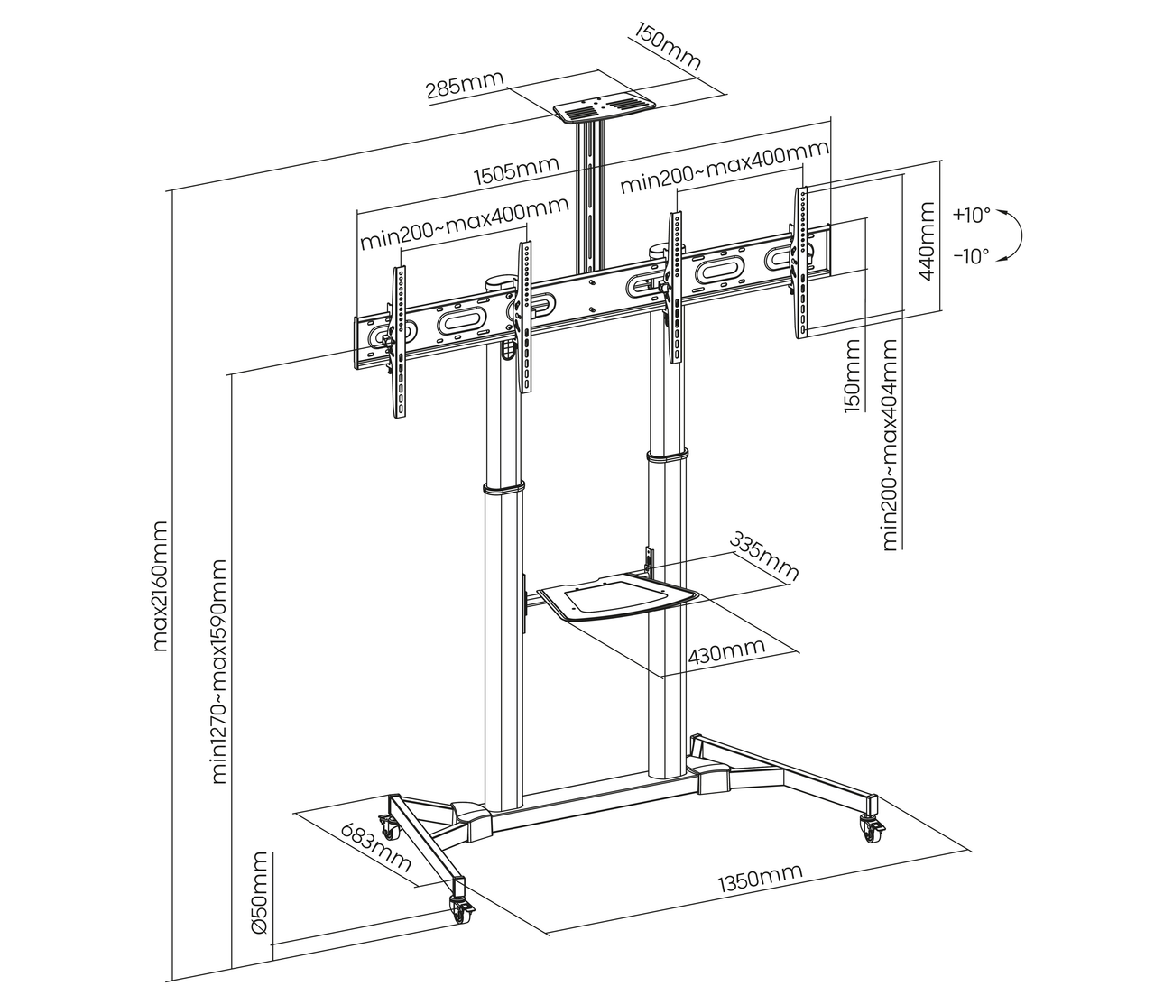 Pedestal con Ruedas Doble Pantalla para TV 35 a 45 pulg / VESA Max 400x400mm / Carga 40 kg