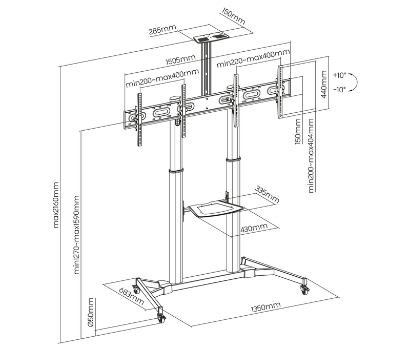 Pedestal con Ruedas Doble Pantalla para TV 35 a 45 pulg / VESA Max 400x400mm / Carga 40 kg