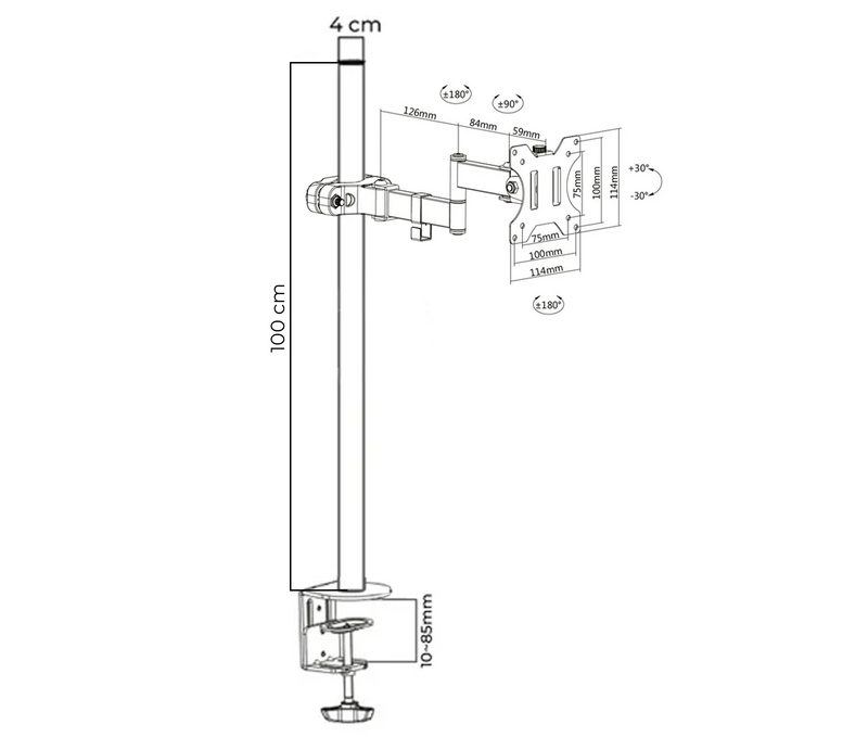 Tubo Poste Extra Alto de 100 cm con Brazo articulado para Monitor 17 a 32 Pulg