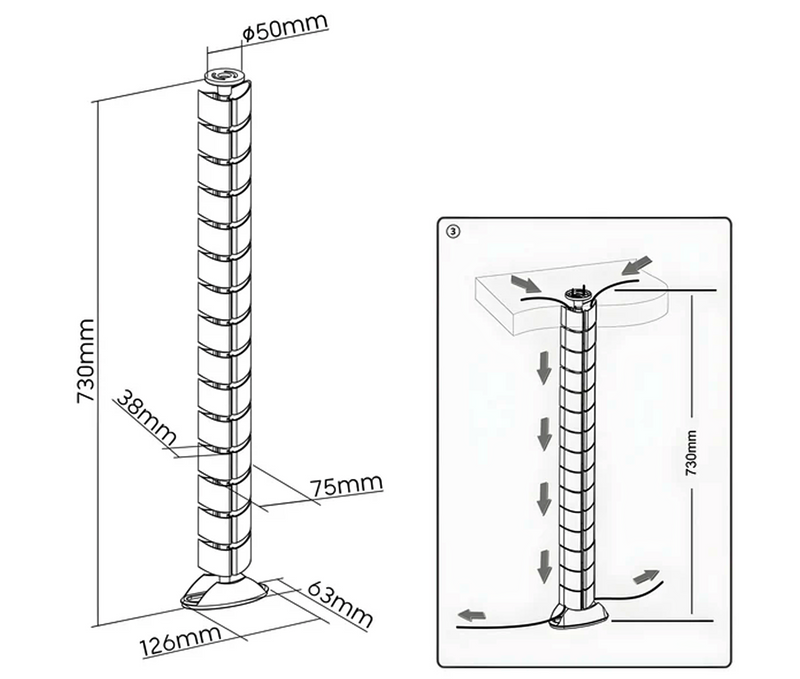 Vertebra Flexible Para Organizar Cables de Escritorio / Altura Max 73cm