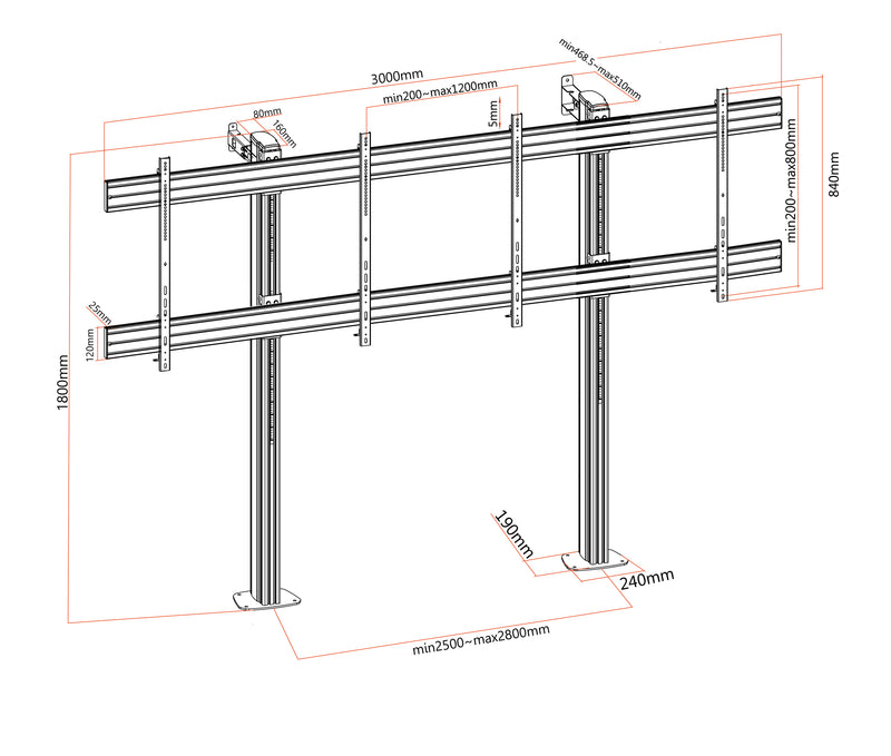 Pedestal Videowall con Base Atornillada para 2 Pantallas 70 a 75 Pulg