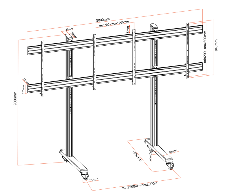 Pedestal con Ruedas Videowall para 2 Pantallas 70 a 75 Pulg