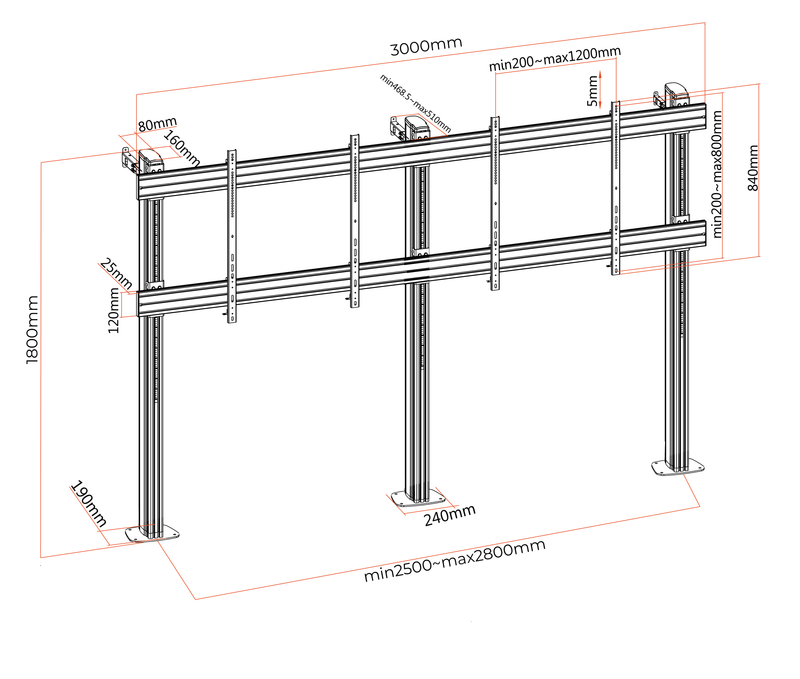 Pedestal con Base Atornillada Videowall para 2 Pantallas 75 a 86 Pulg