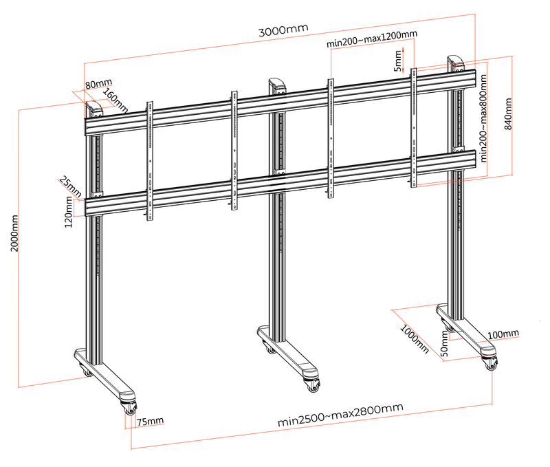 Pedestal con ruedas Videowall para 2 Pantallas 75 a 86 Pulg