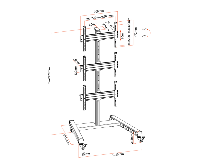 Pedestal con Rueda Videowall Triple Pantalla TV 40 a 55 pulg / VESA Max 600x400mm