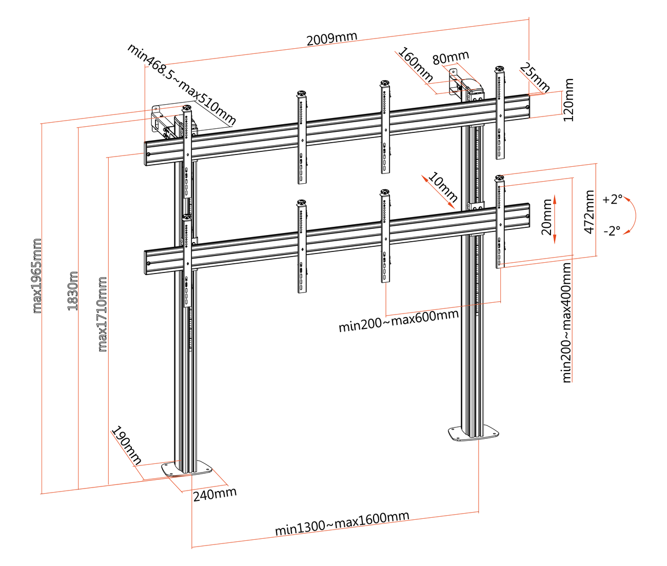 Pedestal con Base Atornillada Videowall 2x2 para 4 Pantallas 45 a 55 Pulg / VESA Max 600x400mm / Carga 50 kg