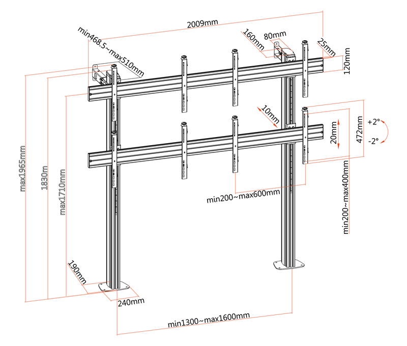 Pedestal con Base Atornillada Videowall 2x2 para 4 Pantallas 45 a 55 Pulg / VESA Max 600x400mm / Carga 50 kg