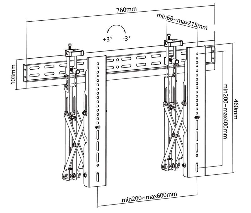 Soporte Videowall con sistema Push para TV Monitor 37 a 70 Pulg / VESA Max 600x400mm / Carga 45 kg / Horizontal / Perfil Min 68mm