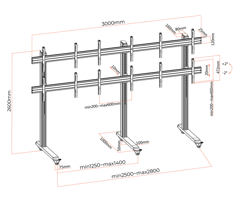 Pedestal con Ruedas Videowall 2x3 para 6 Pantallas 49 Pulg / Alt 260 cm