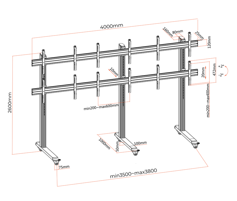 Pedestal con Ruedas Videowall 2x3 para 6 Pantallas 60 a 65 Pulg / Alt 260 cm