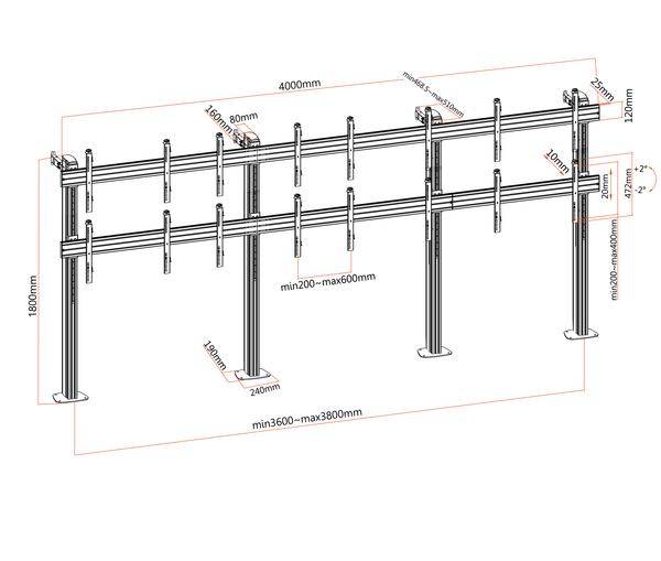 Pedestal con Base Atornillada Videowall 2x4 para 8 Pantallas 49 Pulg / Alt 240cm