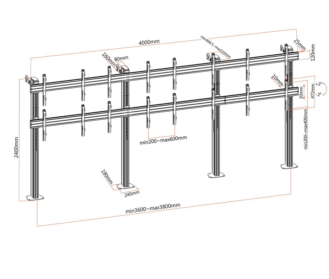 Pedestal con Base Atornillada Videowall 2x4 para 8 Pantallas 49 Pulg