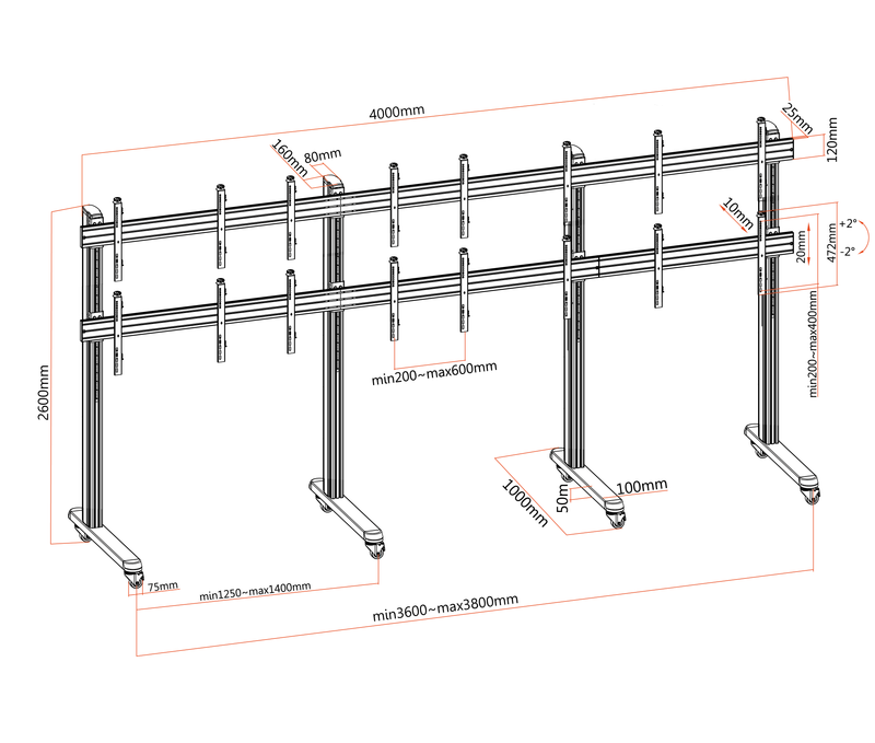 Pedestal con Ruedas Videowall 2x4 para 8 Pantallas 49 Pulg / Alt 260cm