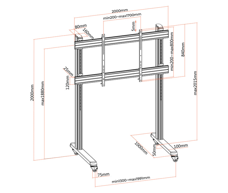 Pedestal con Ruedas para TV Pantallas Interactivas 70 a 120 Pulg / VESA Max 1700x800mm / Carga 150 kg