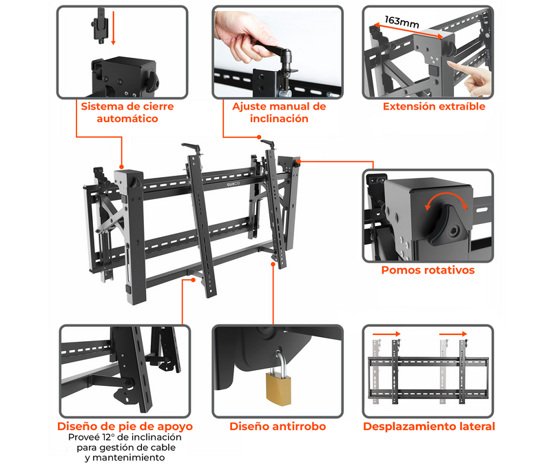 Soporte Videowall con sistema Push para TV Monitor 45 a 70 Pulg / VESA Max 600x400mm  / Carga 70 kg / Horizontal / Perfil Min 143mm