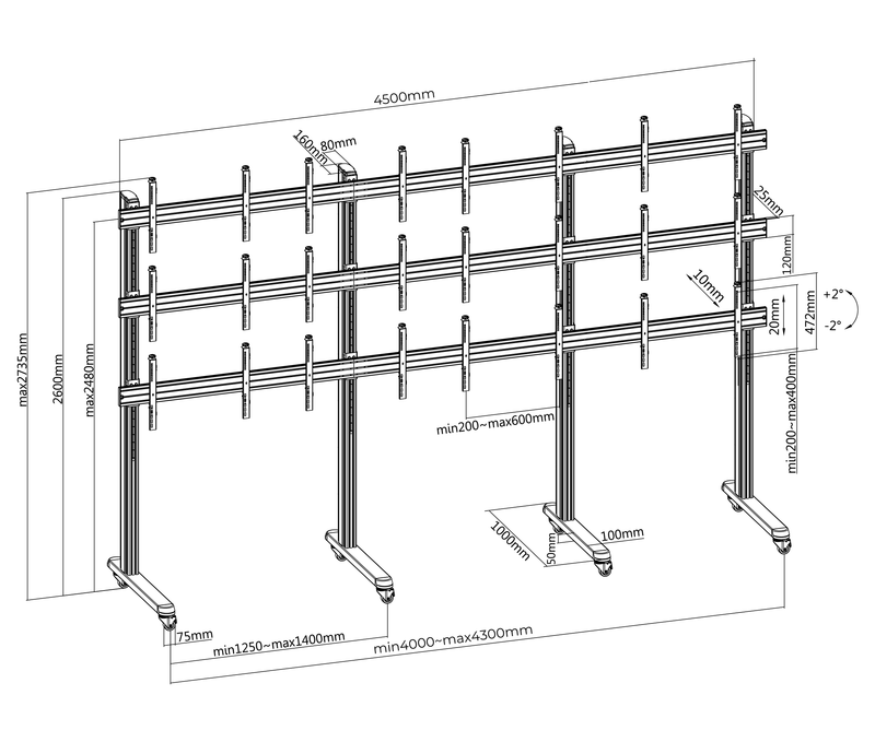 Pedestal Videowall con Ruedas para 12 Pantallas 55 Pulg / VESA Max 600x400mm