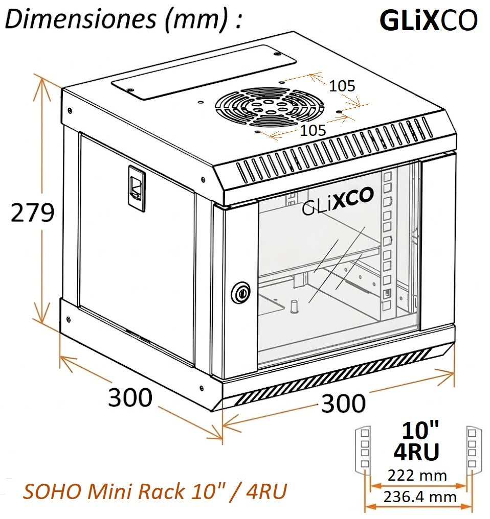 GABINETE DE PARED SOHO MINI 10" / 4RU / 30x30 cm (Anch x Prof) / PUERTA FRONTAL VIDRIO