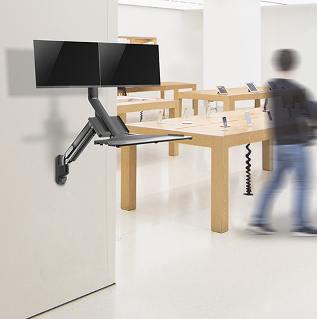 Rack Soporte Doble con Teclado de Escritorio y Pared para 2 Monitores 17 a 27 pulg / Trabaje parado o sentado