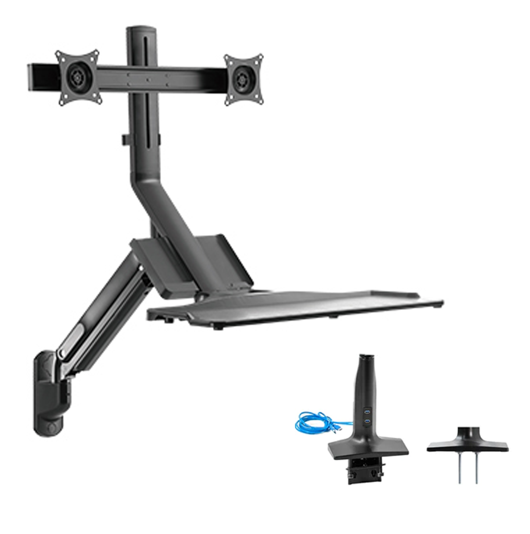 Rack Soporte Doble con Teclado de Escritorio y Pared para 2 Monitores 17 a 27 pulg / Trabaje parado o sentado