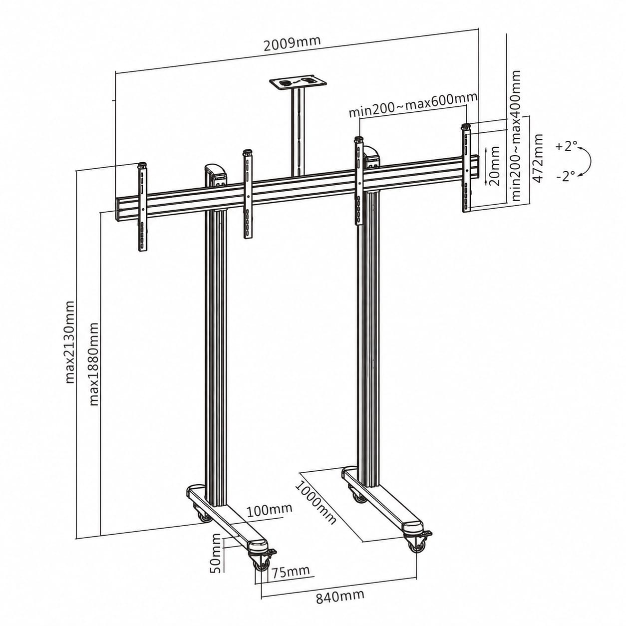Pedestal con Ruedas Doble Pantalla 45 a 55 Pulg / Carga 50 kg / VESA Max 600x400mm