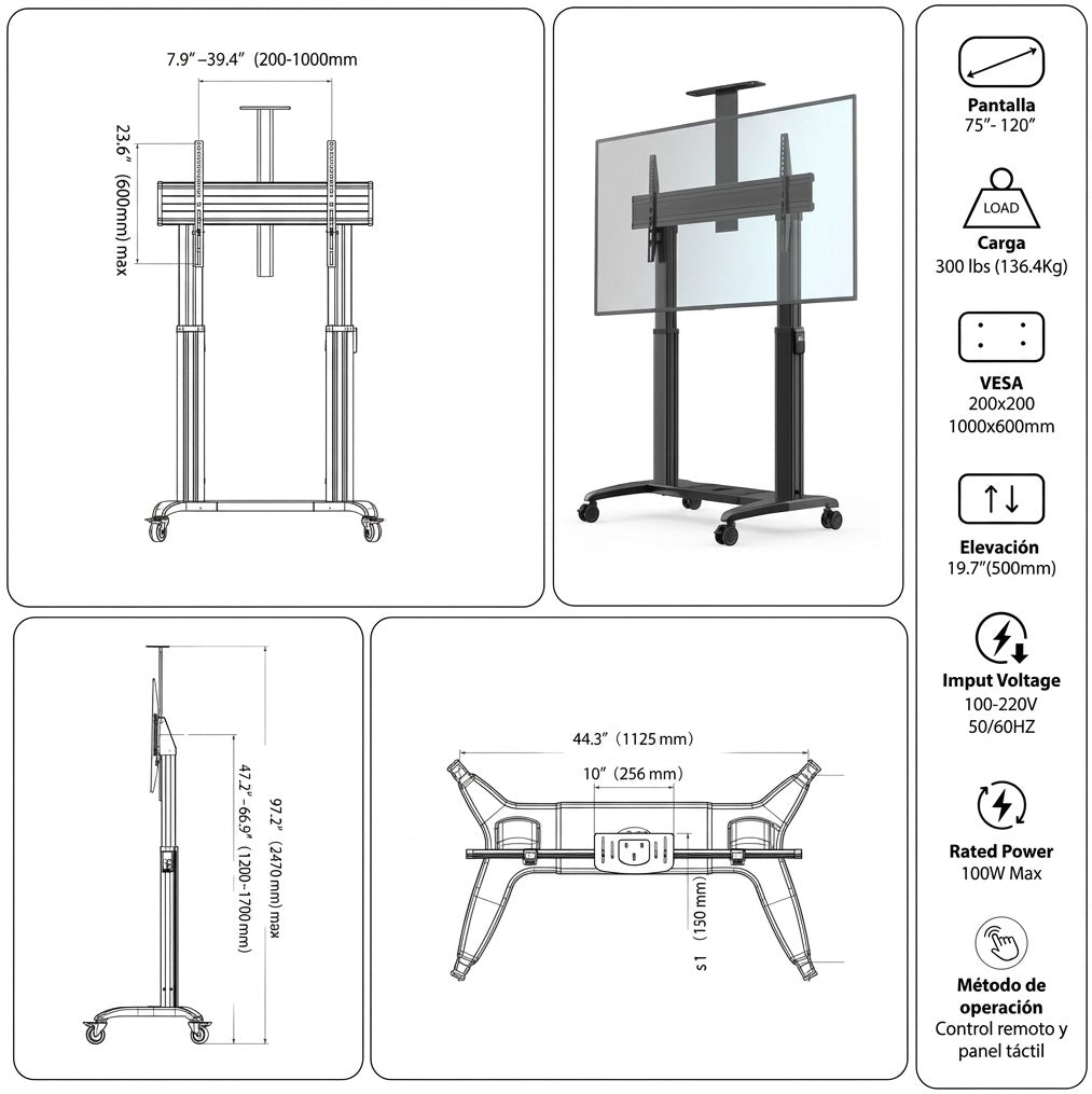 Pedestal de TV motorizado de alta resistencia de 75 a 120 Pulg - pantalla interactiva 98 pulg, carro móvil con elevador automático, VESA 200x200-1000x600mm, Carga 136 kg,