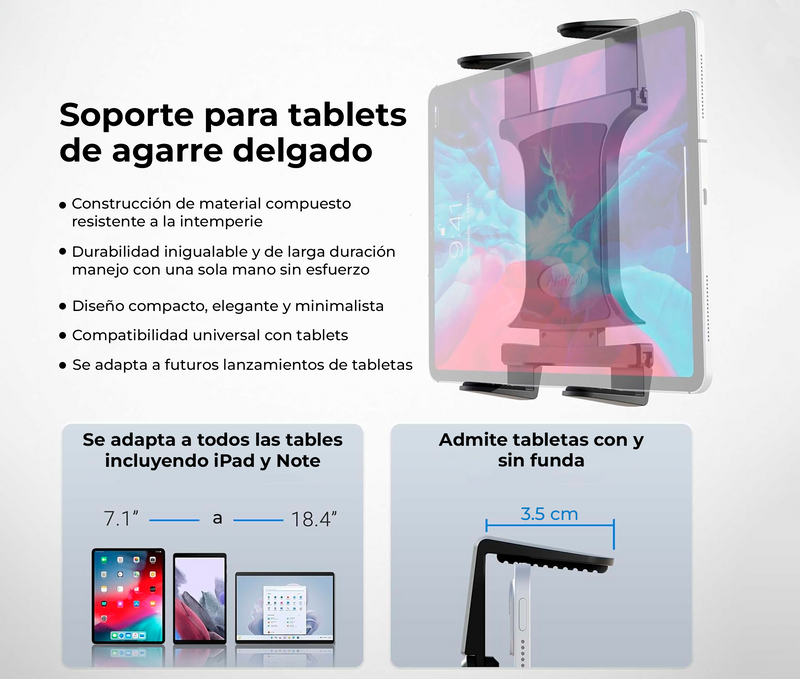 Soporte para tablet 7 a 18 Pulg - Montaje en Escritorio o Silla de Ruedas - Abrazadera tipo Prensa