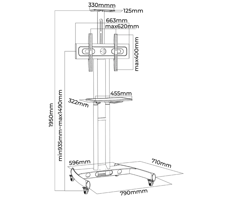 Pedestal con Ruedas para TV 32 a 70 Pulg / VESA Max 600x400mm / Carga 45.5 kg
