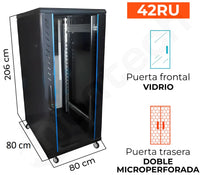 Gabinete de Piso Servidores / 42 RU / 80x80x206 cm (AnchoxProf.xAlt.) / Puerta Vidrio y  Doble microperforadas